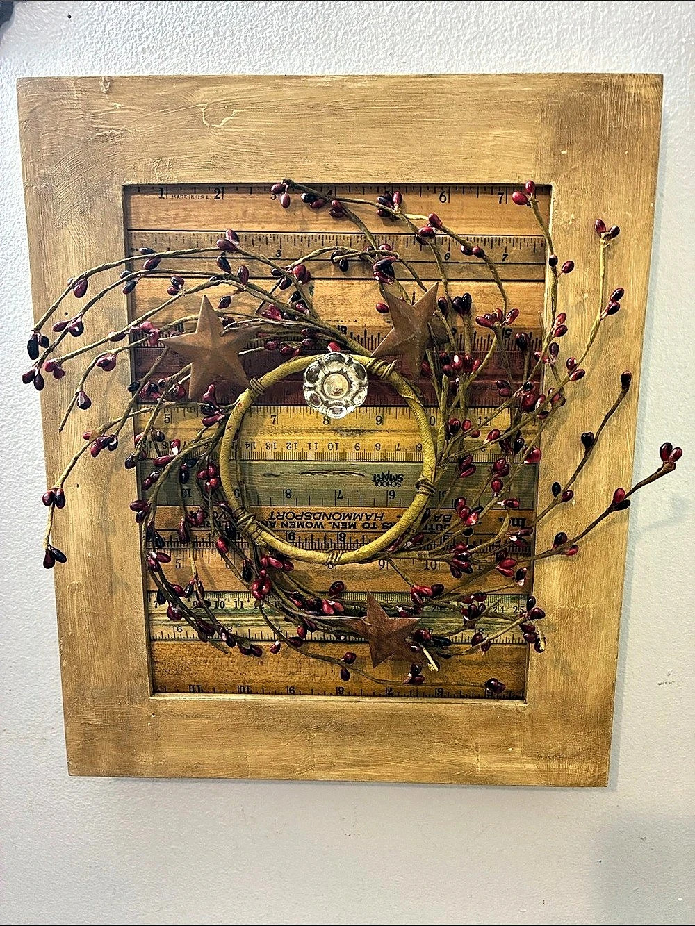 Framed Ruler Wall Art with Red Berry Wreath